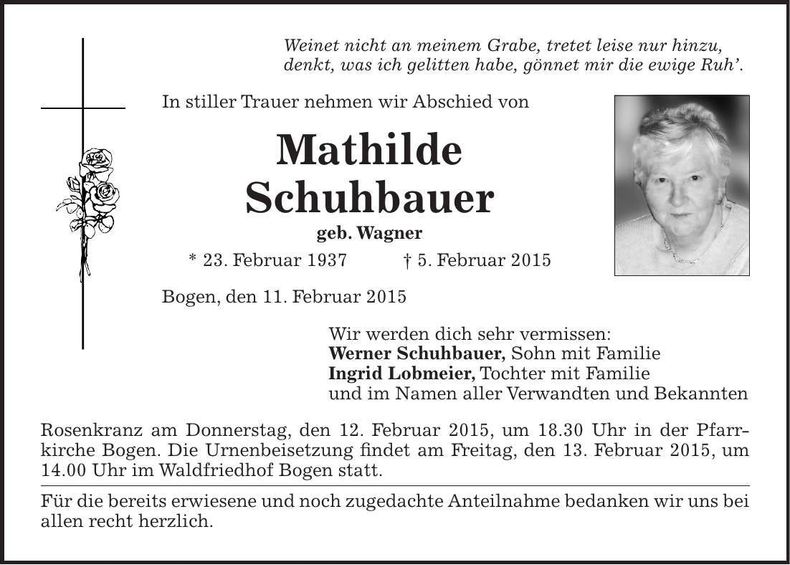 Traueranzeige Mathilde Schuhbauer