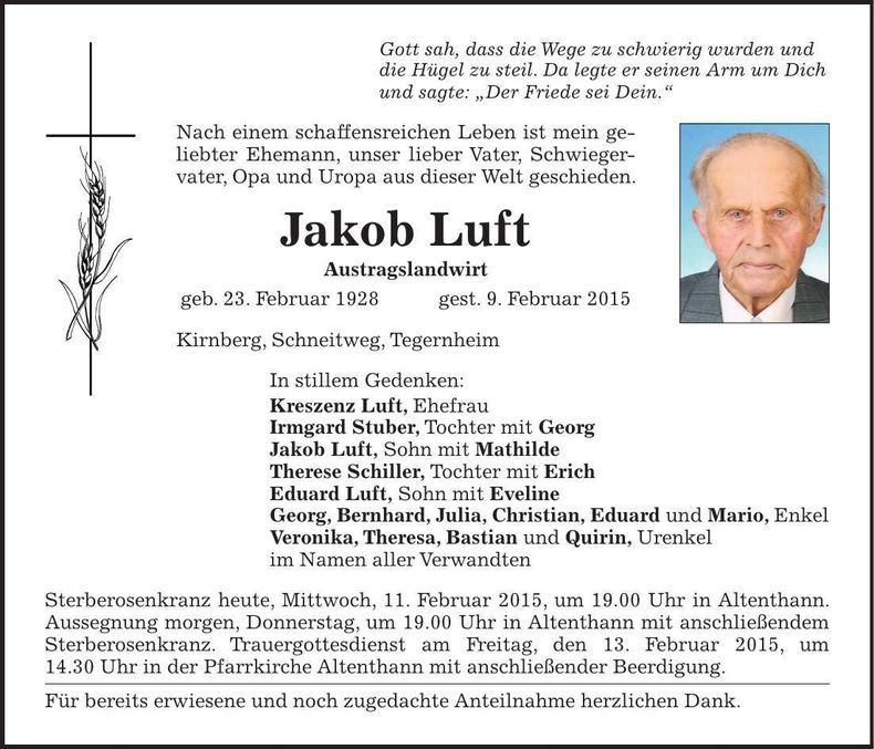 Traueranzeige Jakob Luft