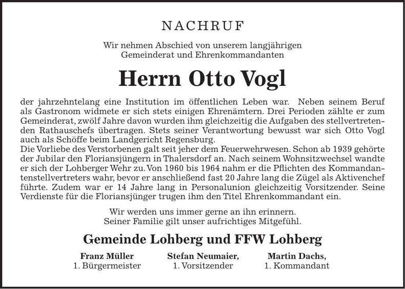 Traueranzeige Otto Vogl