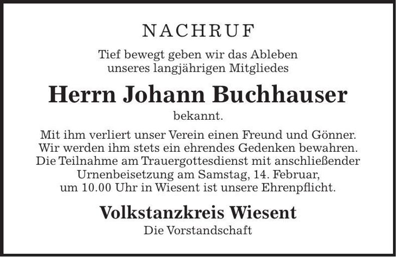 Traueranzeige Johann Buchhauser