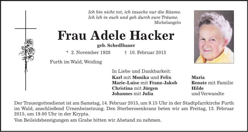 Traueranzeige Adele Hacker