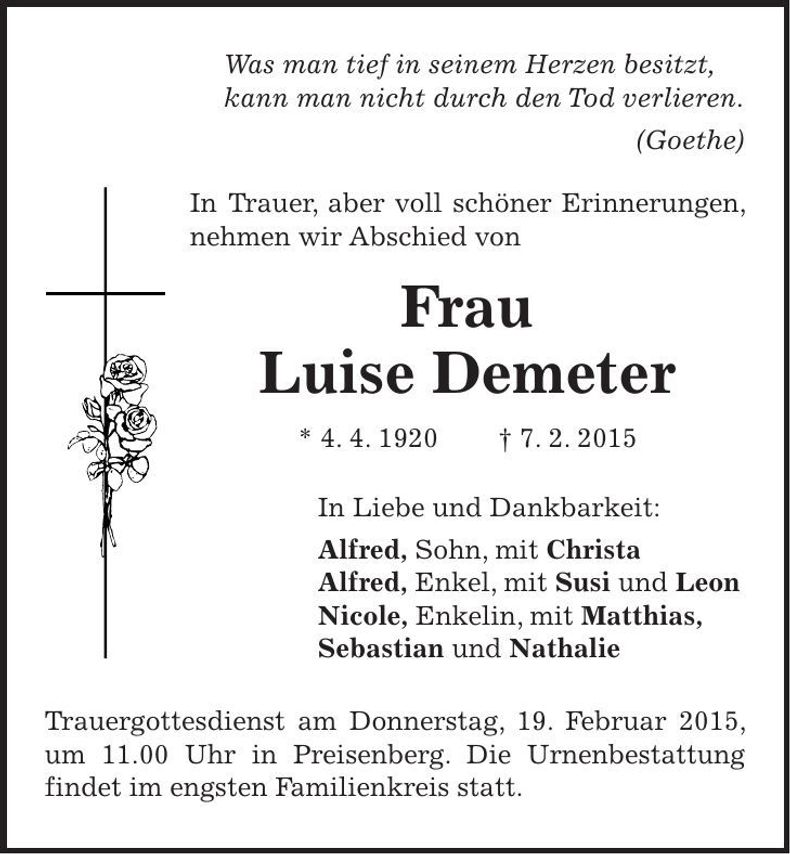 Traueranzeige Luise Demeter