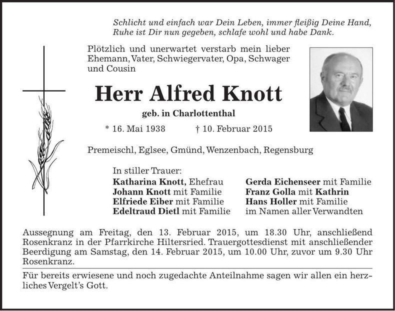 Traueranzeige Alfred Knott