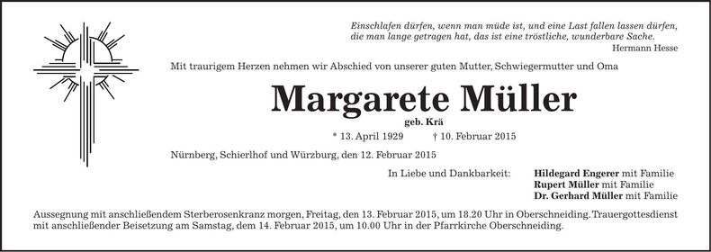 Traueranzeige Margarete Müller