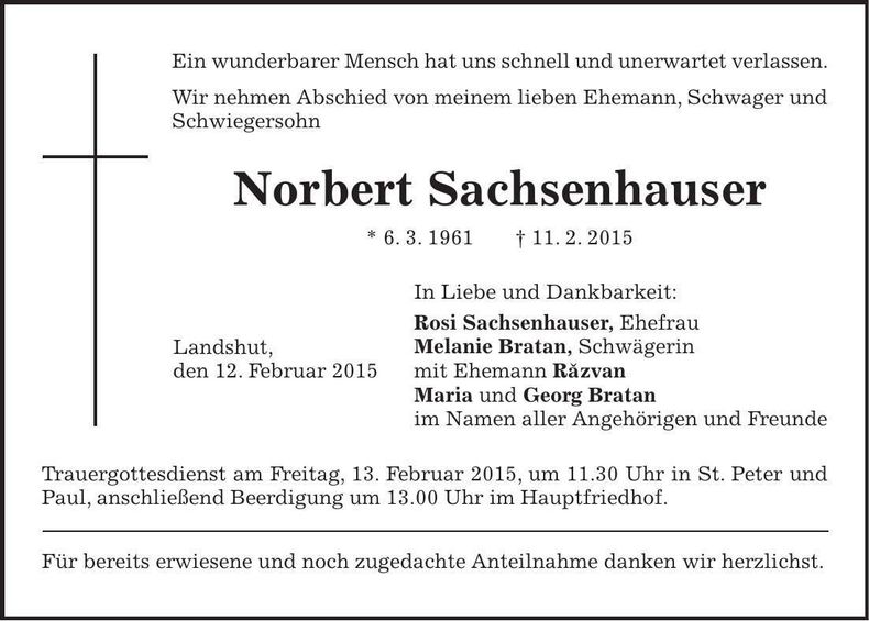 Traueranzeige Norbert Sachsenhauser