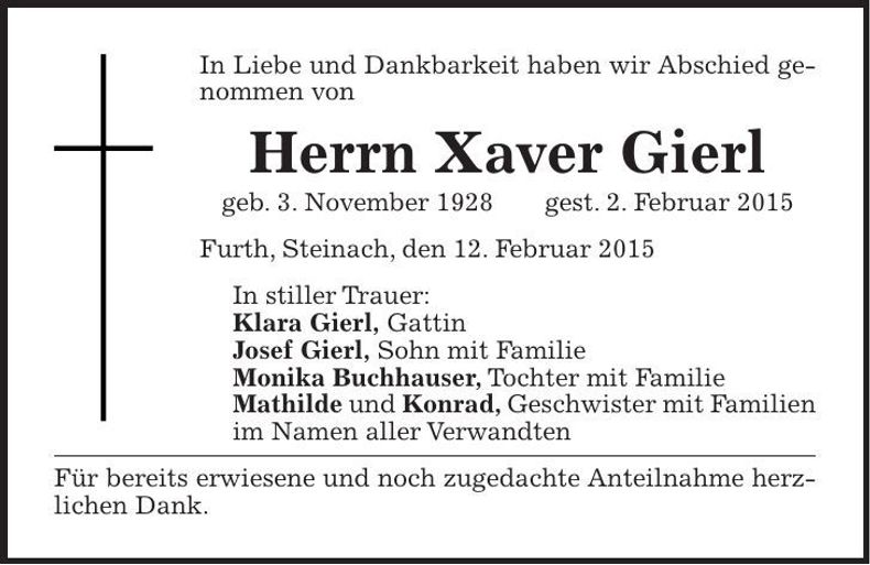 Traueranzeige Xaver Gierl