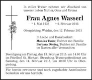 Traueranzeige Agnes Wasserl