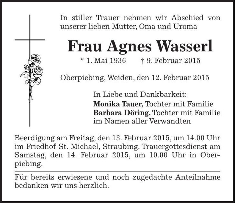 Traueranzeige Agnes Wasserl