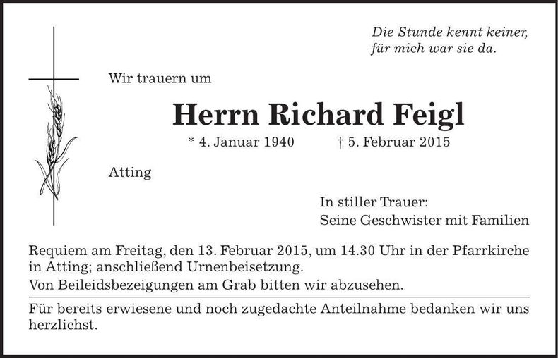 Traueranzeige Richard Feigl