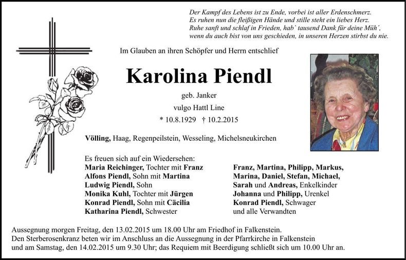 Traueranzeige Karolina Piendl