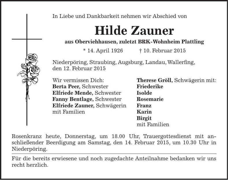 Traueranzeige Hilde Zauner