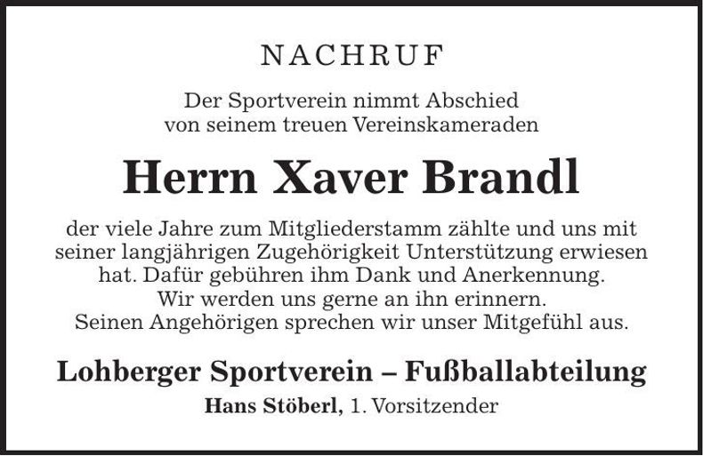 Traueranzeige Xaver Brandl