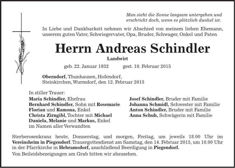 Traueranzeige Andreas Schindler