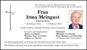 Traueranzeige Irma Meingast