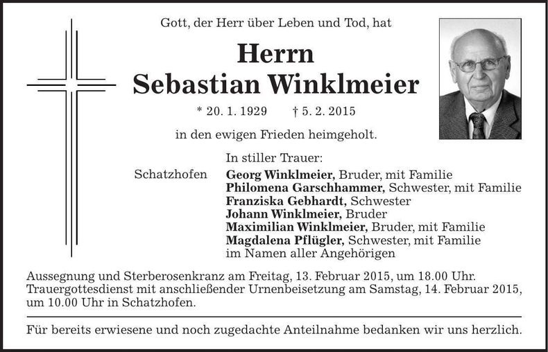 Traueranzeige Sebastian Winklmeier