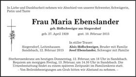 Traueranzeige Maria Ebenslander
