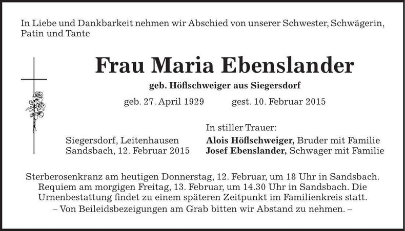 Traueranzeige Maria Ebenslander