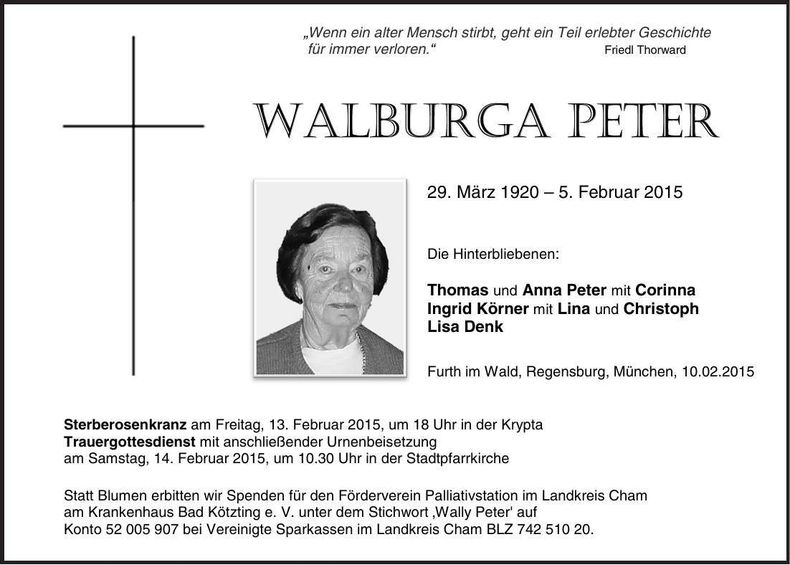 Traueranzeige Walburga Peter