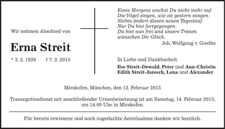 Traueranzeige Erna Streit