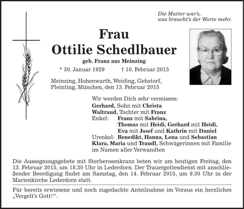 Traueranzeige Ottilie Schedlbauer