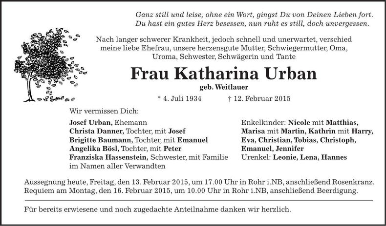 Traueranzeige Katharina Urban