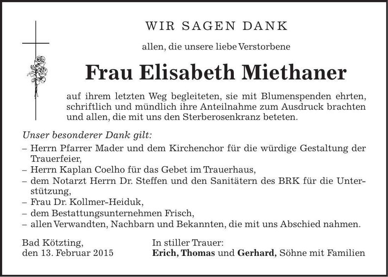Traueranzeige Elisabeth Miethaner