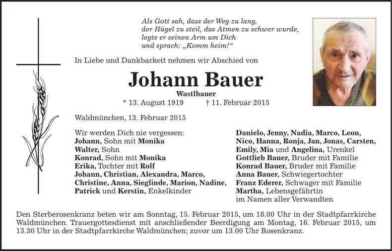 Traueranzeige Johann Bauer