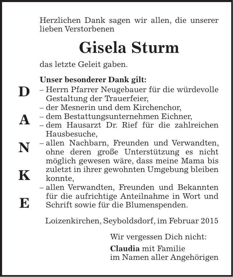 Traueranzeige Gisela Sturm