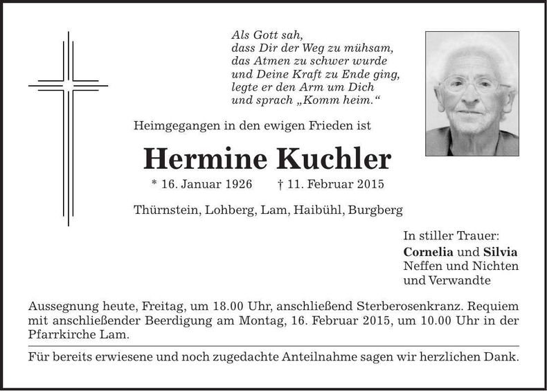 Traueranzeige Hermine Kuchler