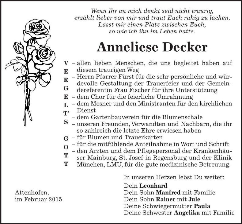 Traueranzeige Anneliese Decker