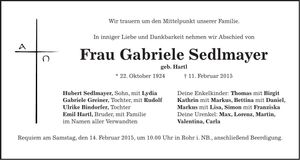 Traueranzeige Gabriele Sedlmayer