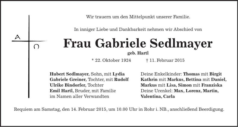 Traueranzeige Gabriele Sedlmayer