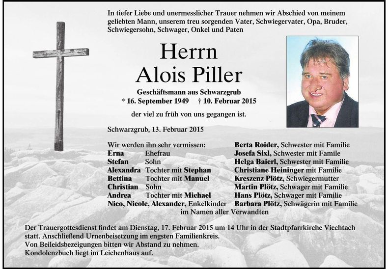 Traueranzeige Alois Piller