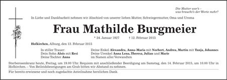 Traueranzeige Mathilde Burgmeier