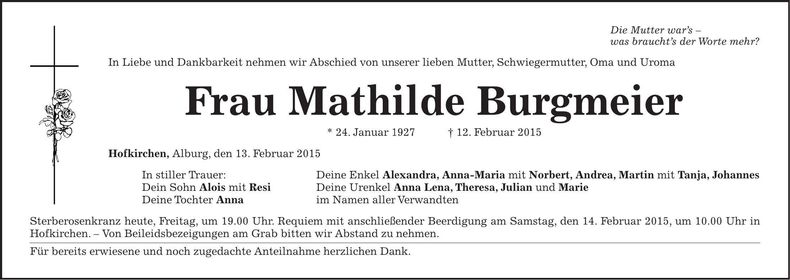 Traueranzeige Mathilde Burgmeier