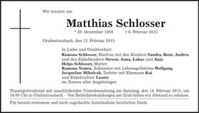 Traueranzeige Matthias Schlosser