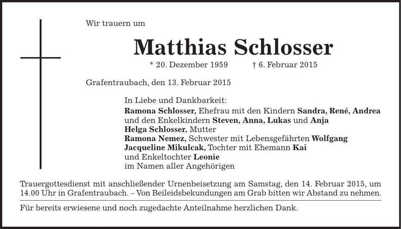 Traueranzeige Matthias Schlosser