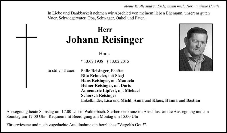 Traueranzeige Johann Reisinger