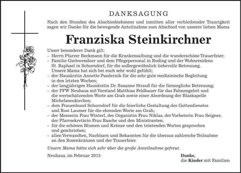 Traueranzeige Franziska Steinkirchner