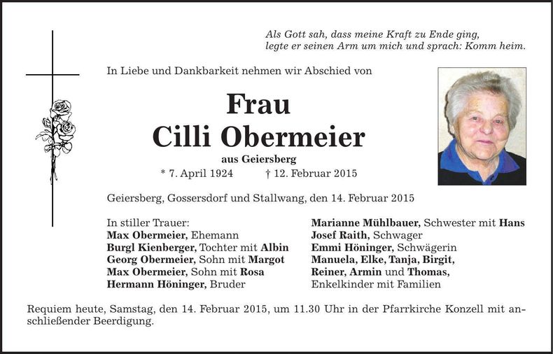 Traueranzeige Cilli Obermeier
