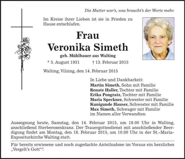 Traueranzeige Veronika Simeth
