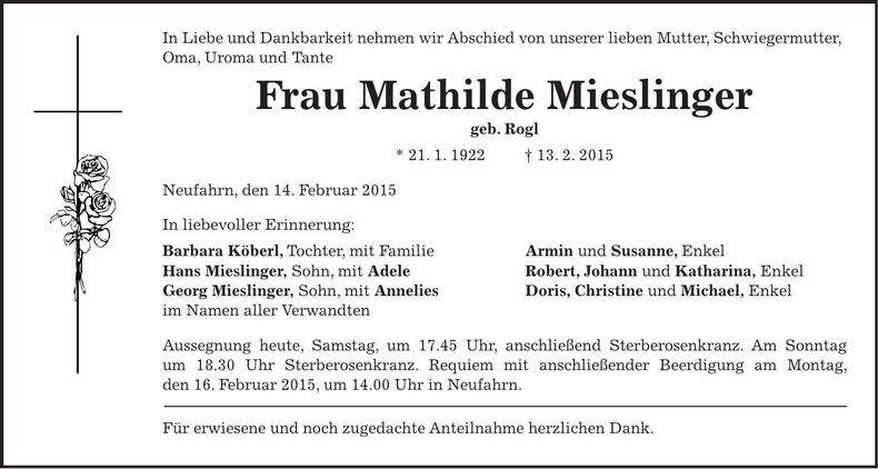 Traueranzeige Mathilde Mieslingeer