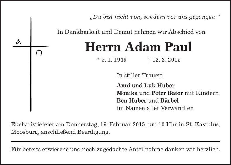 Traueranzeige Adam Paul