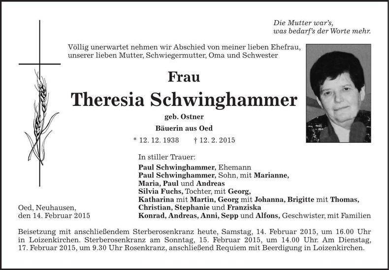 Traueranzeige Theresia Schwinghammer