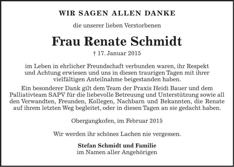 Traueranzeige Renate Schmidt