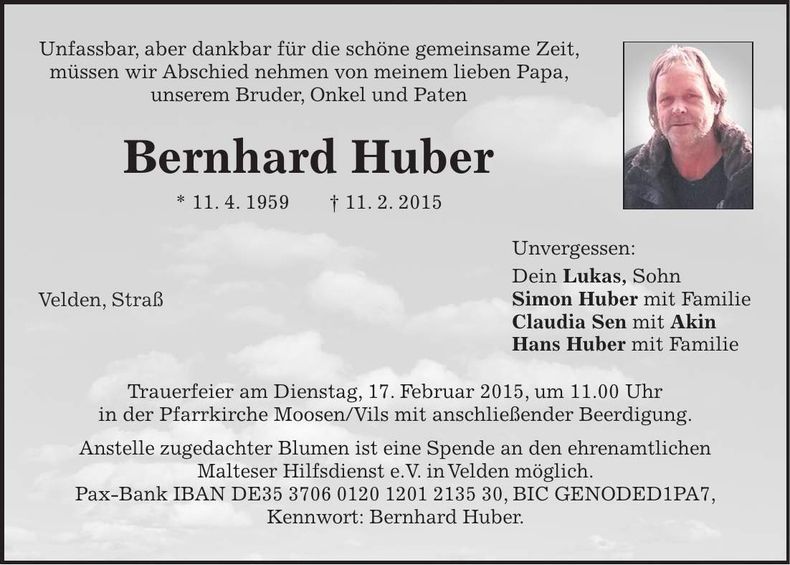 Traueranzeige Bernhard Huber