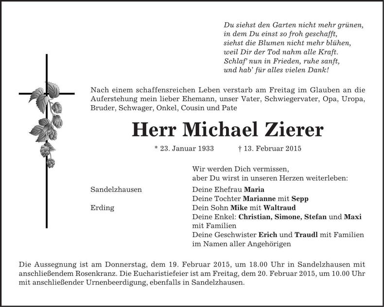 Traueranzeige Michael Zierer