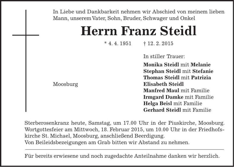 Traueranzeige Franz Steidl