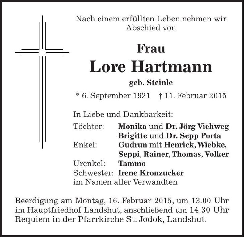 Traueranzeige Lore Hartmann