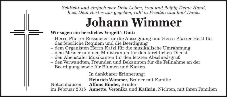 Traueranzeige Johann Wimmer